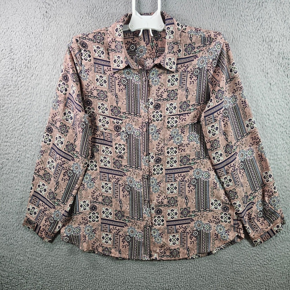 PLEIONE Womens Pink‎ Floral Print Long Sleeve Button Down Shirt Top Size L